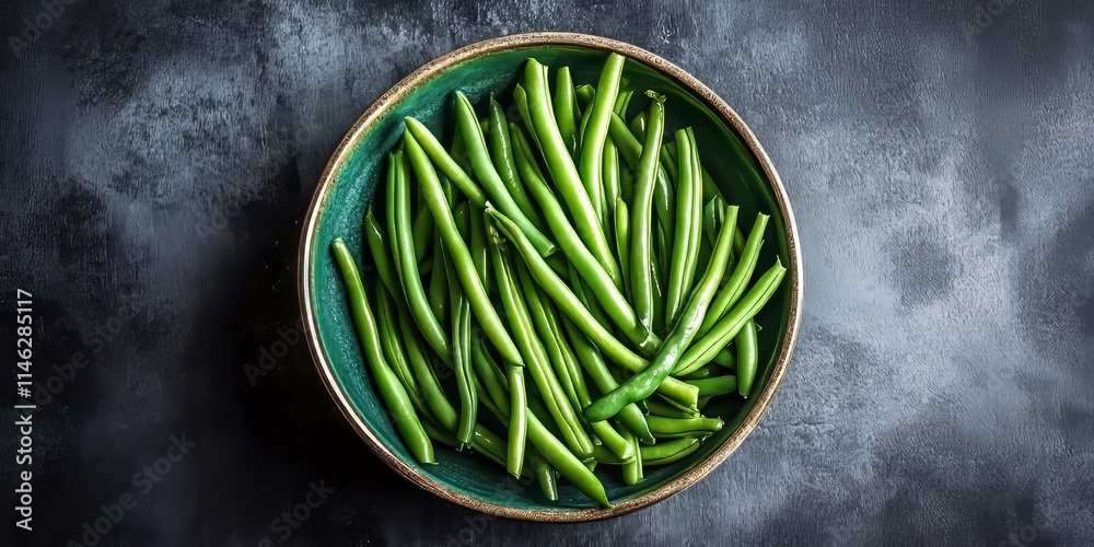 Poster a vertical composition featuring sliced green beans arranged artistically within a bowl, highlightin