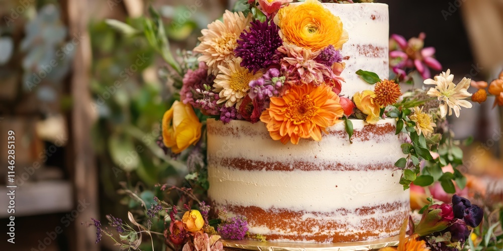 Poster a rustic style cake presented beautifully, showcasing the charm of rustic style cake design with vib