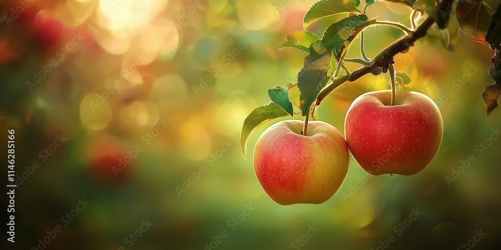 Poster Two apples are suspended from a branch with a soft focus orchard in the background, highlighting the beauty of the apples amidst nature s allure in this enchanting scene.