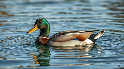 Obraz premium Mallard duck swimming gracefully in a shimmering lake surrounded by rippling water under bright sunlight