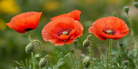 Obraz premium Wild red poppy blooms with vibrant flowers and buds, showcasing the beauty of the wild red poppy in nature. The wild red poppy s striking petals and buds capture attention effortlessly.