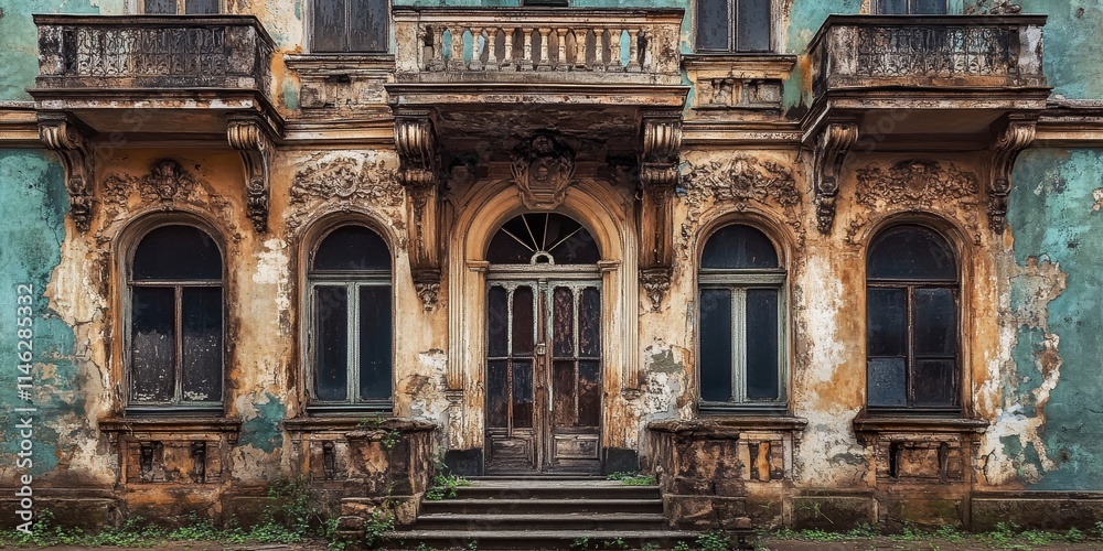 Poster abandoned old building showcasing unique architecture features, highlighting the charm of its facade