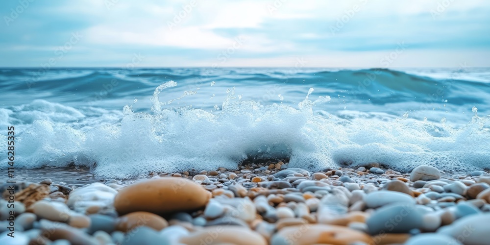 Poster serene sea shore featuring gentle waves, frothy foam, and smooth pebbles, creating a tranquil atmosp