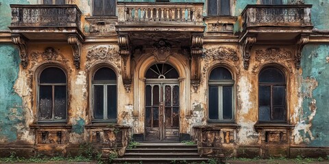 Fototapeta premium Abandoned old building showcasing unique architecture features, highlighting the charm of its facade while emphasizing the beauty found in the forgotten elements of the old building.