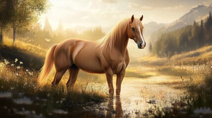 Stunning horse portrait captured in a beautiful natural landscape, showcasing the horse s grace and elegance amidst the serene setting of nature s beauty in this striking horse portrait.