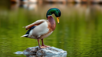 Fototapeta premium Mallard duck standing on a rock in a calm pond surrounded by blurred greenery during daylight