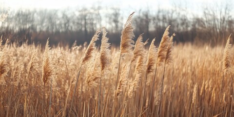 Fototapeta premium Reed refers to various tall, grass like plants commonly found in wetland areas. The reed is characterized by its height and habitat, making it an essential part of wetland ecosystems.