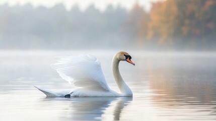 Fototapeta premium Swan in its natural habitat, showcasing a shallow depth of field while the graceful swan glides effortlessly, embodying the serene beauty of its tranquil surroundings.