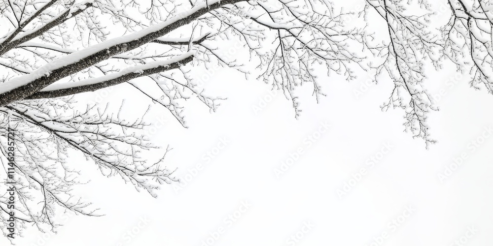 Poster snow covered branches of trees set against a bright white sky create a winter wonderland scene. this