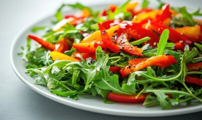 A plate of salad with green lettuce and red peppers