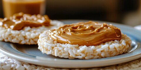 Peanut butter spread atop rice cakes with a drizzle of honey creates a delicious and nutritious peanut butter snack, perfect for a healthy breakfast or a protein packed treat.
