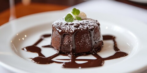 Decadent chocolate mousse lava cake served on a pristine white dish, showcasing a rich, gooey interior that highlights the delightful chocolate mousse texture and flavor in every bite.