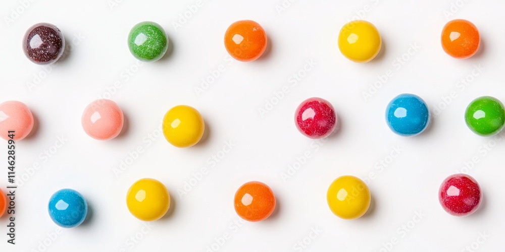 Poster vibrant colorful candies displayed on a white background, showcasing an assortment of delightful tre