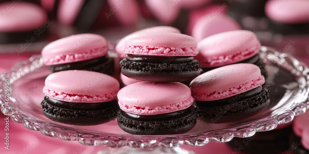 Poster delightful pink macaroons paired with rich black cookies create a visually appealing dessert arrange