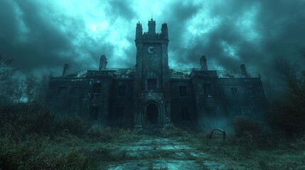 Fototapeta premium Creepy, abandoned stone mansion on a stormy night.