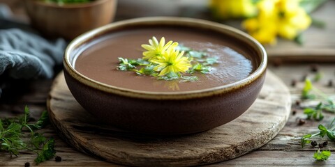 Delicious bowl of fresh chicory soup presented on a wooden table, garnished with chicory for added flair, showcasing the vibrant essence of chicory in every detail.
