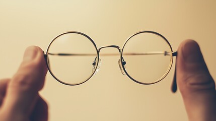 Closeup of Hands Holding Round Gold Framed Eyeglasses, Clear Lenses, Vintage Style Spectacles