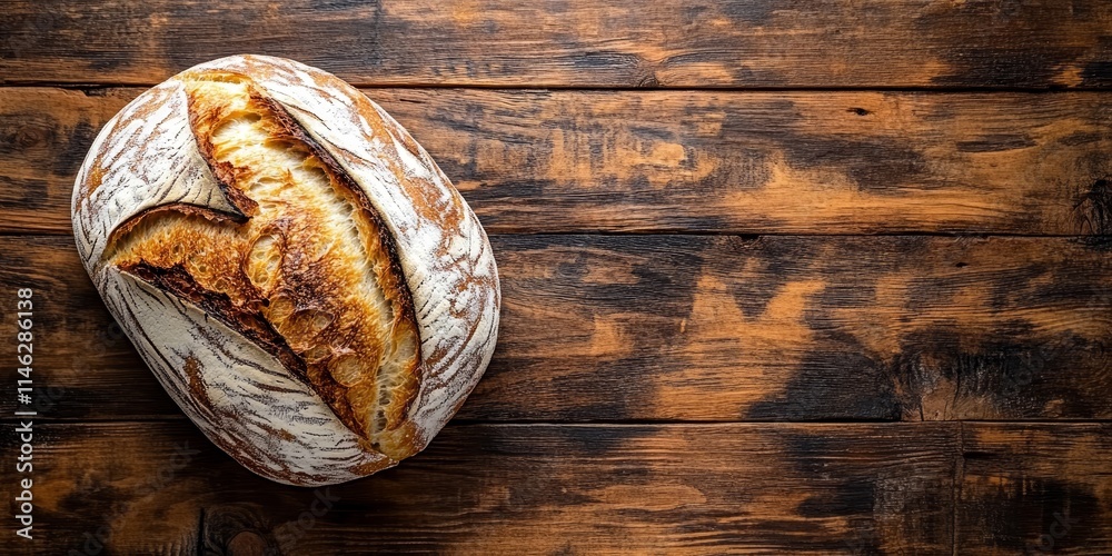 Poster rustic wooden table showcasing a loaf of bread, highlighting the texture and appearance of the bread
