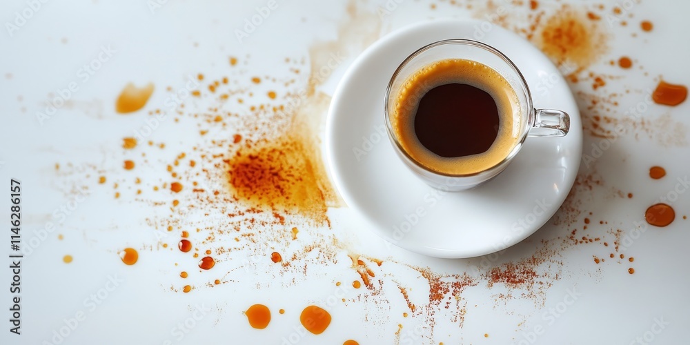 Poster a puddle of coffee creates an intriguing pattern on a white surface, while a small glass espresso cu