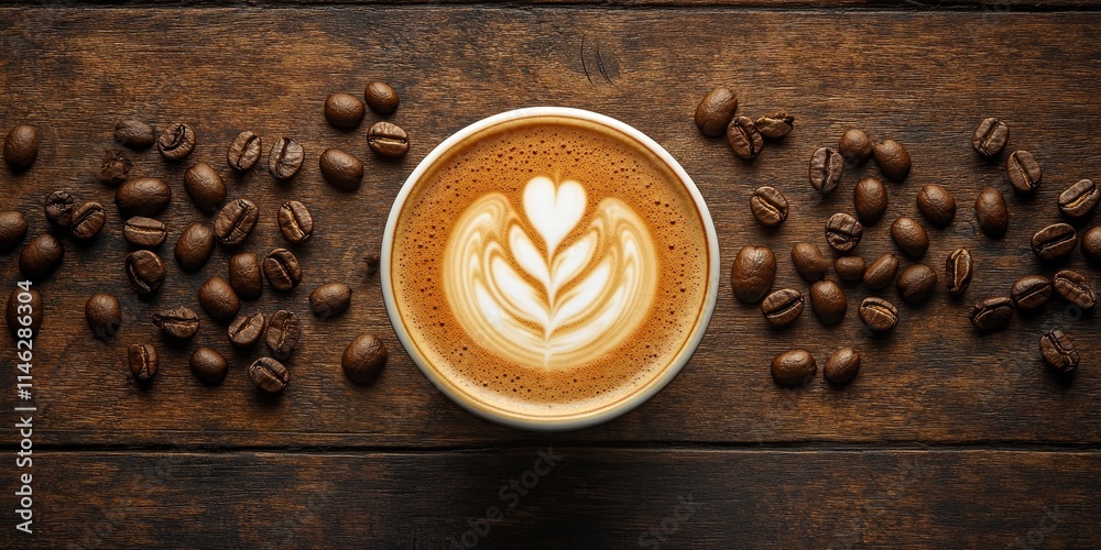 Poster Coffee bean texture highlighted in a latte coffee presentation, set against a rustic wood background. Explore the rich coffee bean texture that enhances the coffee experience.