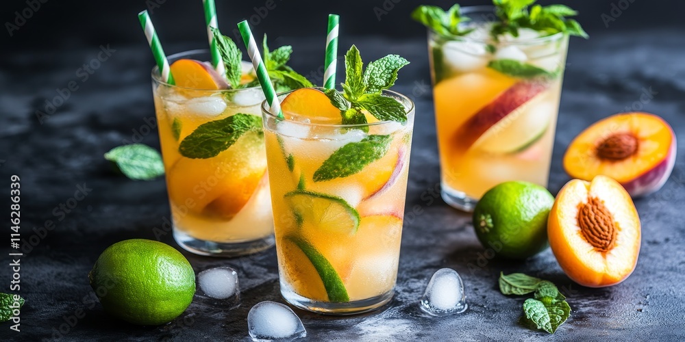 Poster refreshing cold lemonade featuring peach and lime served on a dark concrete background, this delicio