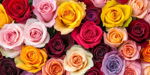 Vibrant roses in a variety of stunning colors, including yellow, pink, red, and purple, showcase the beauty of roses and their diverse hues in an exquisite display of natural elegance.