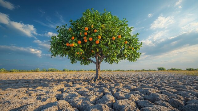 A solitary orange tree stands resilient in a dry landscape under a blue sky.