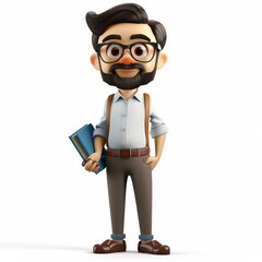 A cartoon man with a beard, glasses, and a book stands with a smile.
