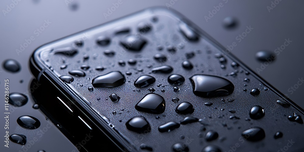 Poster Water drops on the phone create a captivating visual effect, emphasizing the interaction between water and the phone, showcasing the beauty of water drops on a sleek device surface.