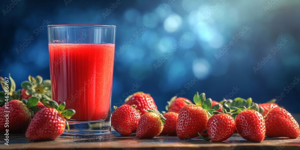 Poster strawberry juice in a glass sits on a wooden surface with fresh strawberries surrounding it, featuri