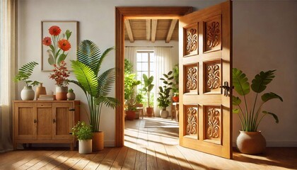 Open door over white background