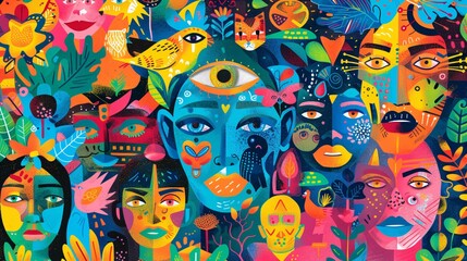 Fototapeta premium Vibrant and Colorful Abstract Surreal Digital with Diverse Expressive Faces Shapes and Patterns Creative Conceptual Art Depicting Imagination Emotion and Playfulness