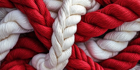 Vibrant red and white anchor ropes are beautifully intertwined, showcasing the unique design and sturdy texture of anchor ropes, perfect for marine enthusiasts and nautical themes.