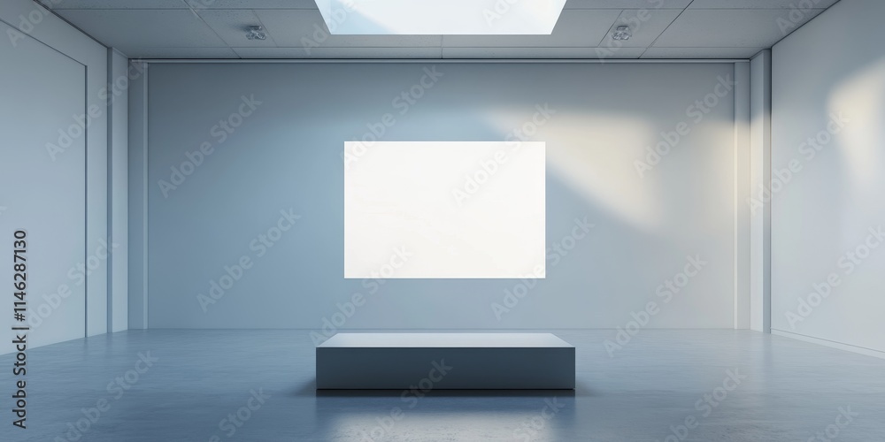 Poster the studio has a minimalistic interior design, showcasing a lightbox and an unoccupied podium, ideal