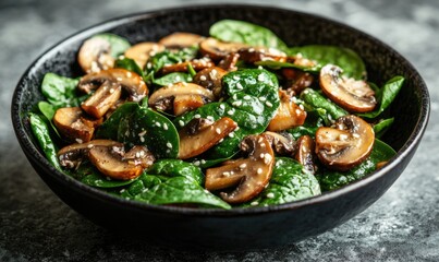 A black bowl filled with spinach and mushrooms