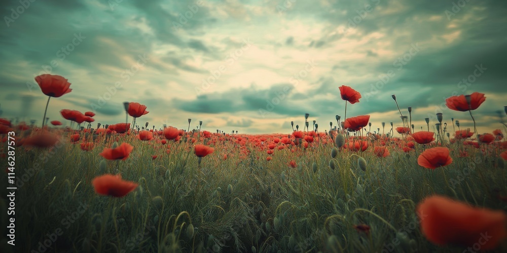 Poster Stunning summer poppy field landscape featuring cross processed retro effects, enhanced by differential focus techniques that create a captivating shallow depth of field in the image.