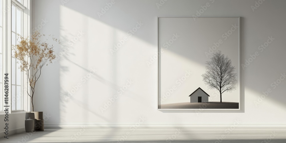 Poster real estate poster showcasing a house and tree on a white wall with space for text above the artwork