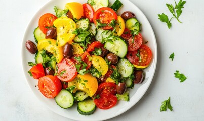 A plate of salad with tomatoes, cucumbers, and olives