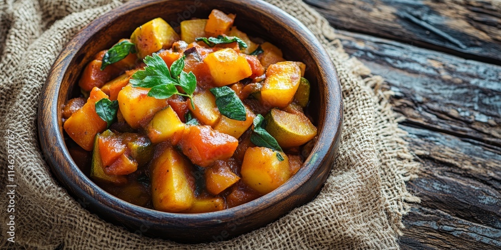 Poster a dish of stewed vegetables placed on a textured textile background, highlighting the vibrant colors
