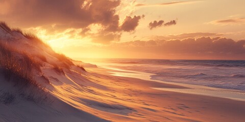 Fototapeta na wymiar A deserted beach landscape illuminated by the warm glow of the golden hour light creates a tranquil and peaceful atmosphere, highlighting the beauty of the empty shoreline.