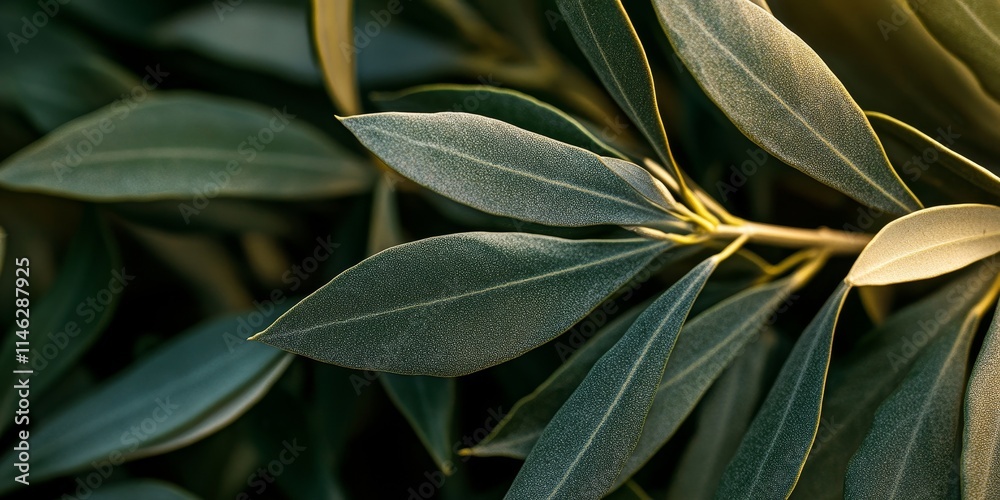 Poster close up image capturing the intricate details of olive leaves, showcasing the beauty and texture of