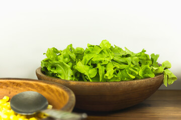 Raw organic green oak lettuce in wooden bowl.