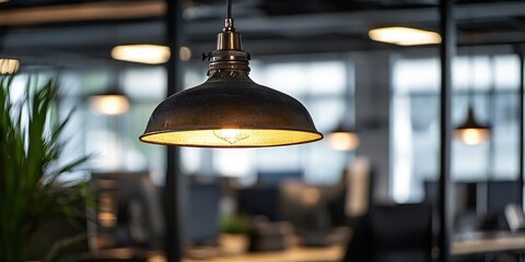 Close up image showcasing a vintage office overhead light, highlighting the intricate design details of the overhead light that embodies a classic, timeless aesthetic in any workspace.