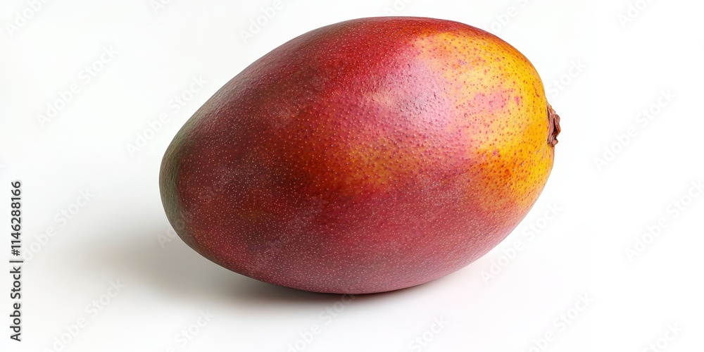 Poster Isolated ripe mango rests on a white background, showcasing its vibrant color and unique texture. This ripe mango stands out with a soft shadow, highlighting its freshness and appeal.