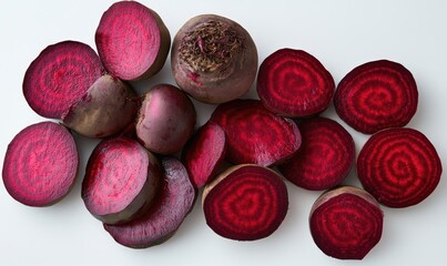 A bunch of red beets with some of them cut in half