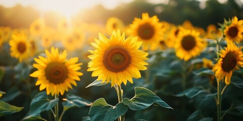 Obraz premium A stunning display of sunflowers blooming in the morning creates a vibrant atmosphere that enhances and decorates the environment with their cheerful presence and bright colors.