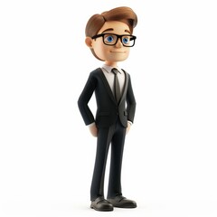 Obraz premium A 3D cartoon character of a businessman wearing a black suit, white shirt, and a tie, with brown hair, glasses, and a confident expression.