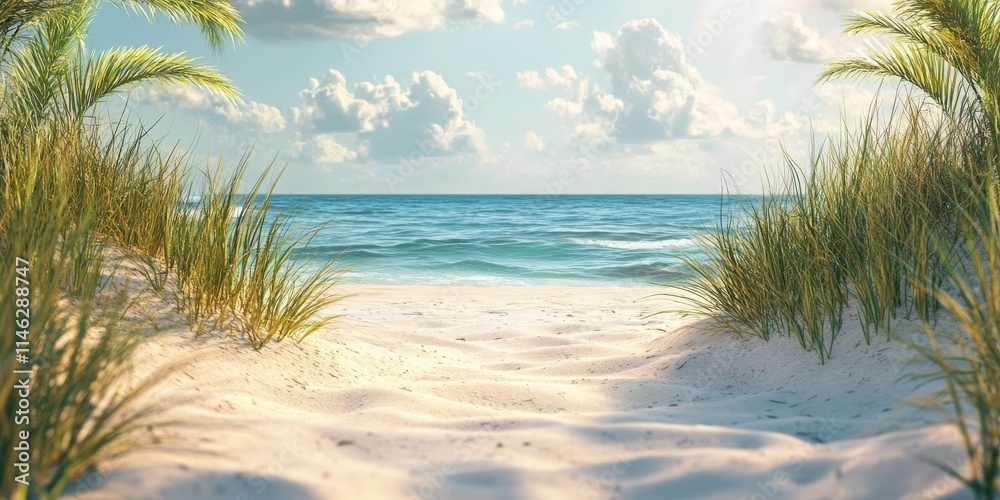 Poster tranquil sandy beach scene ideal for use as a background or backdrop, perfect for a variety of creat