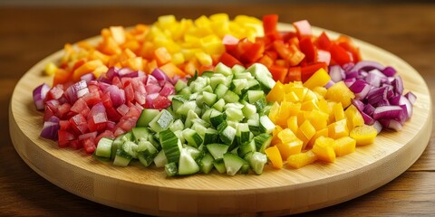 Chopped vegetable arrangement on a wooden plate for cooking, showcasing a variety of colorful chopped vegetables perfect for culinary preparations and recipes.