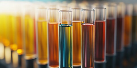 Close up view of science laboratory test tubes showcasing various samples, highlighting the intricate design and diverse applications of test tubes in scientific research and experimentation.